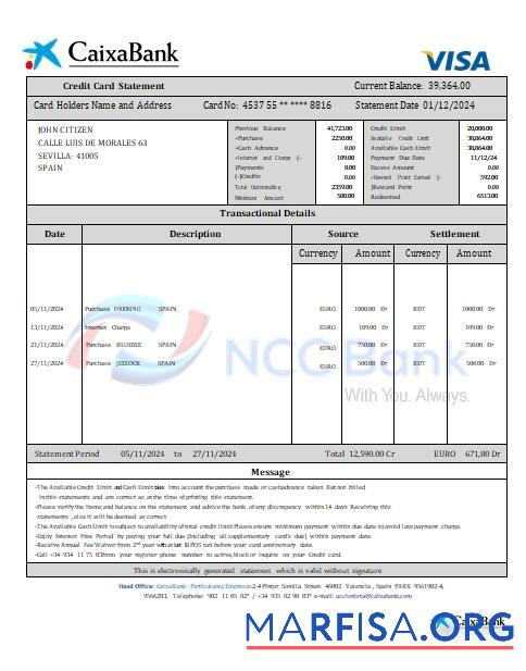 Printable Spain CaixaBank credit card statement word download for verification